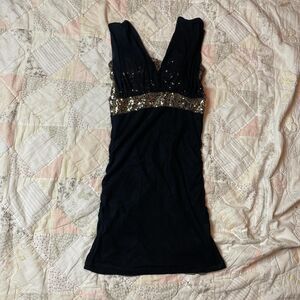 no brand y2k gold sequined black mini dress with rouched sides size small